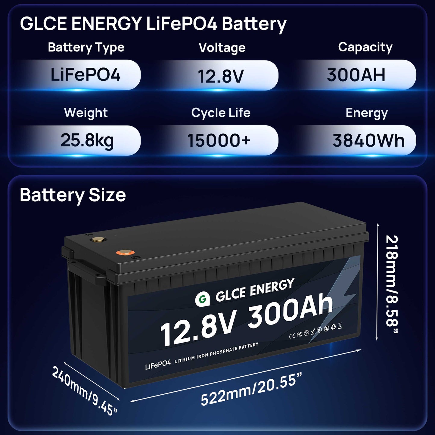 GLCE ENERGY 12V 300Ah LiFePO4 Battery