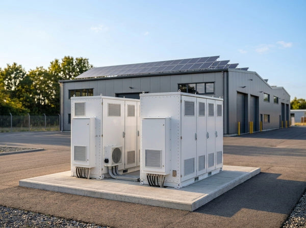 Commercial industrial energy storage battery cabinets installed outside warehouse with rooftop solar panels.
